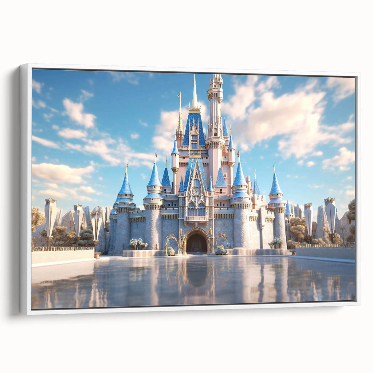 Framed canvas wall art showcasing a stunning landscape of a majestic castle surrounded by lush greenery, designed to add elegance to any room décor.