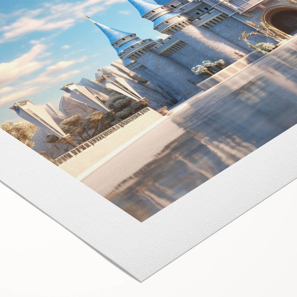 Rolled canvas artwork showcasing a stunning landscape with a majestic castle set against a vibrant sunset, ideal for home decor enthusiasts.