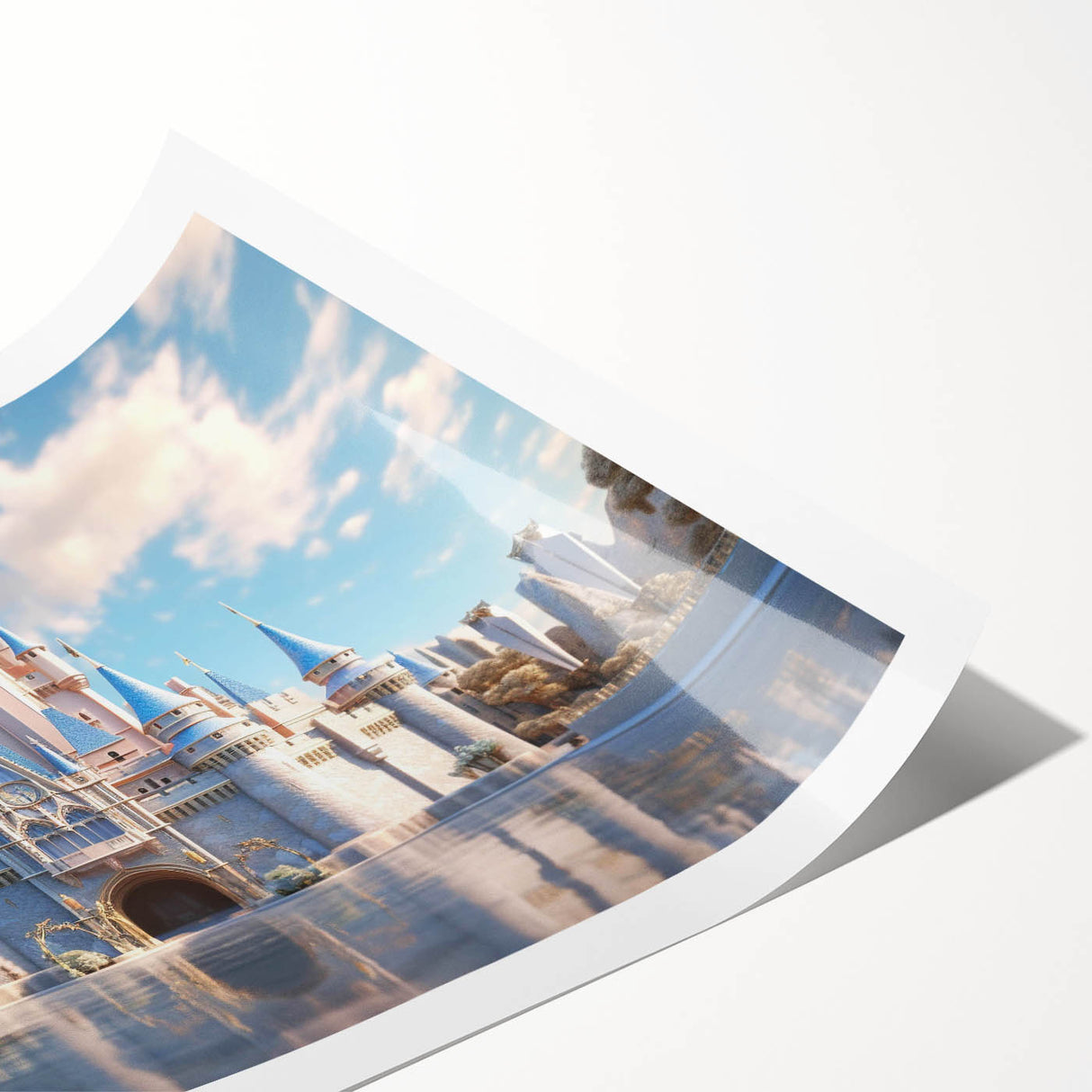 Rolled canvas print showcasing a stunning landscape featuring a majestic castle, surrounded by lush greenery and a serene sky, perfect for home decor enthusiasts.