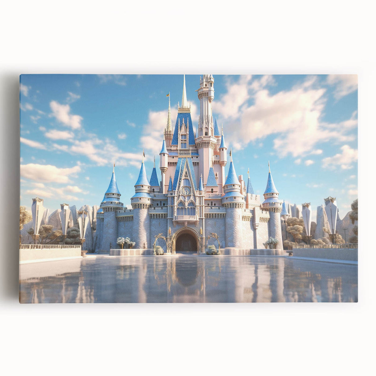 Stretched canvas wall art depicting a stunning landscape with a majestic castle surrounded by lush greenery and a serene blue sky, perfect for home decor.