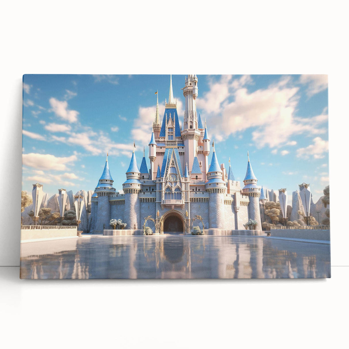 Stretched canvas wall art showcasing a beautiful landscape with a majestic castle, featuring vibrant colors and intricate details, ideal for home decor.