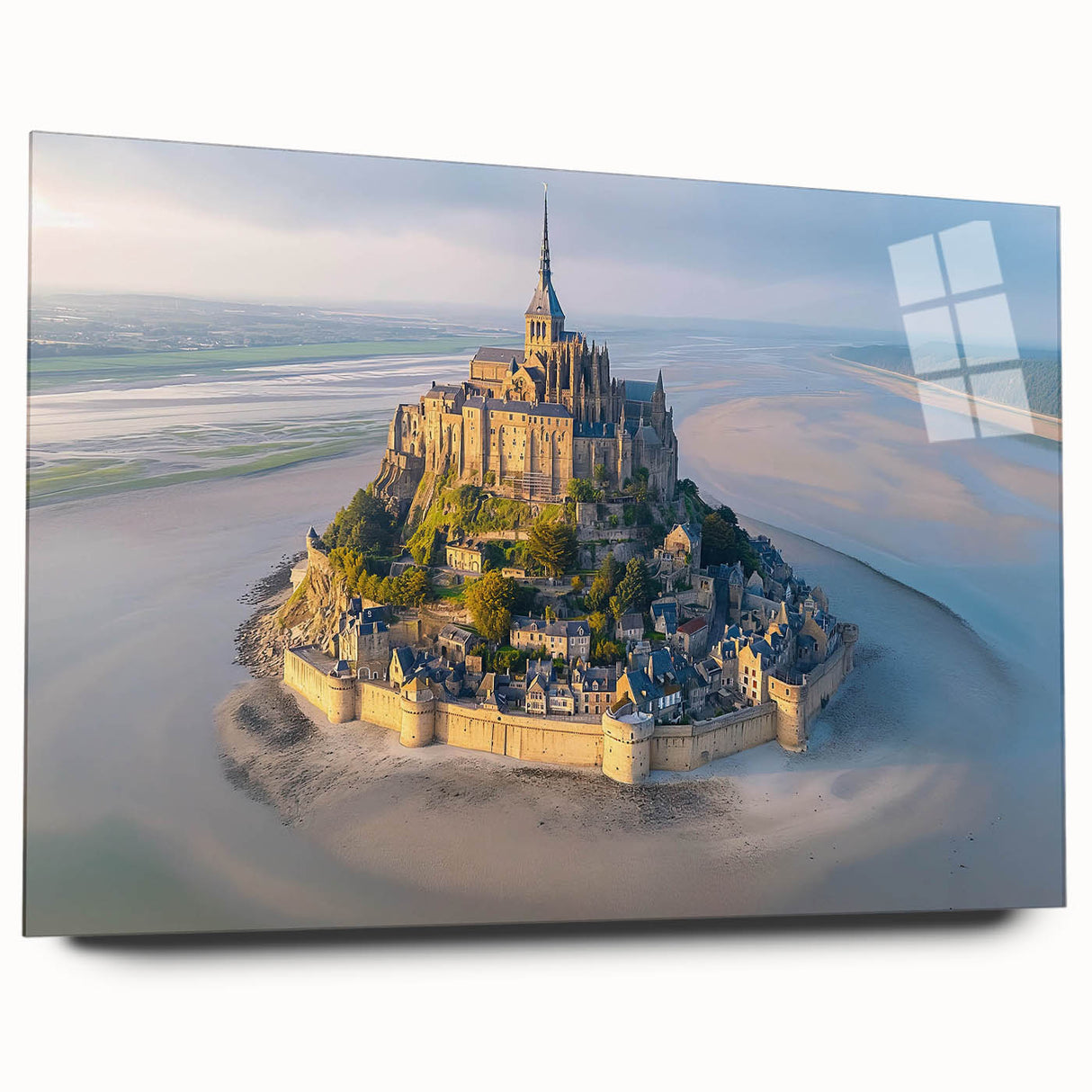 Elegant acrylic wall art showcasing a stunning side view of a majestic castle landscape, perfect for enhancing interior decor with a touch of sophistication. The artwork features vibrant colors and intricate details, making it an ideal centerpiece for any room.