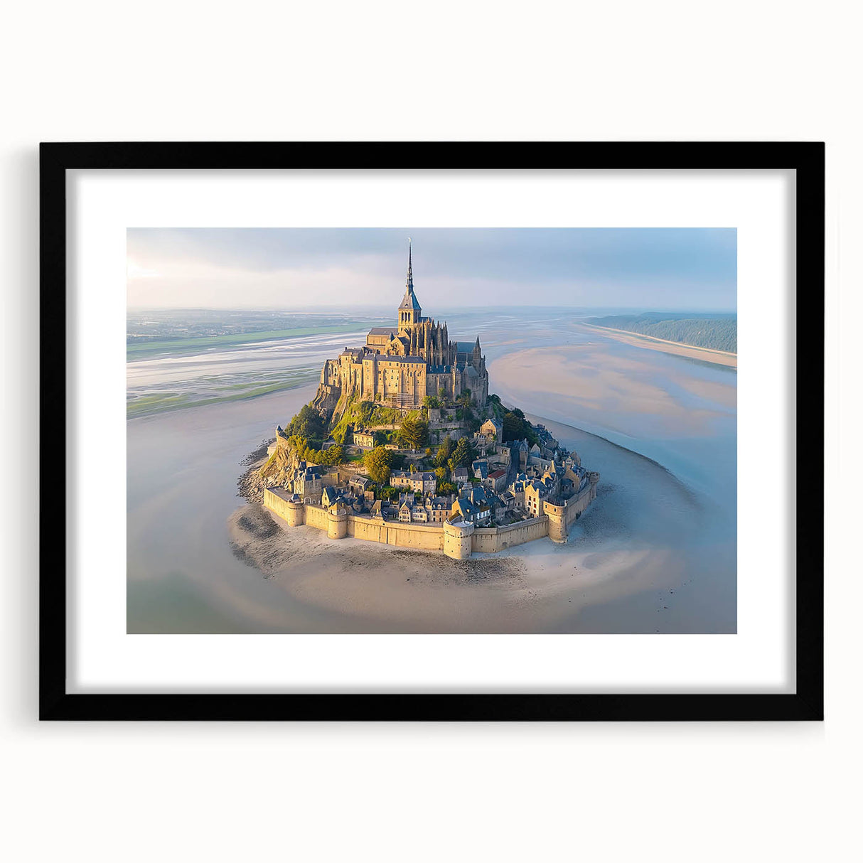 Framed wall art showcasing a stunning landscape featuring a majestic castle, set against a vibrant sunset backdrop, with a sleek black mat and frame.