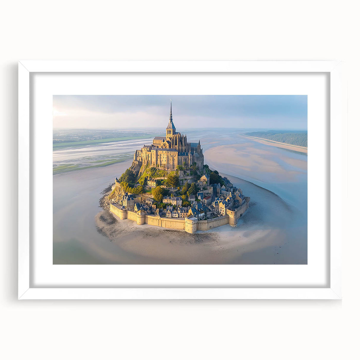 Elegant wall art featuring a landscape castle design, framed with a white mat, showcasing intricate details and vibrant colors, perfect for home decor.