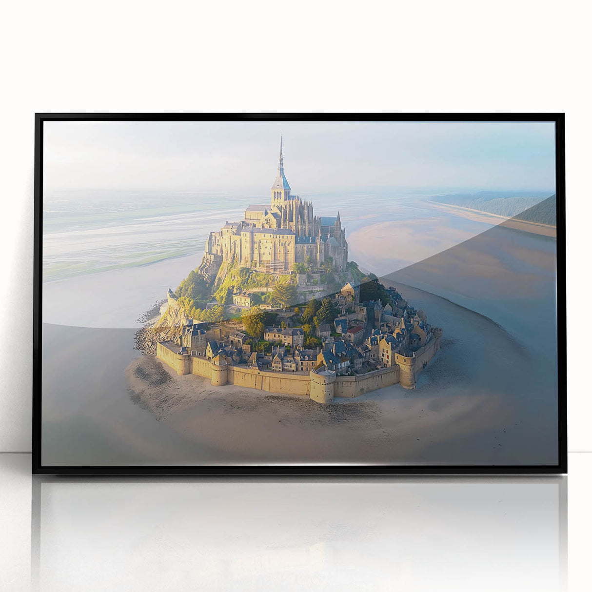 Framed wall art showcasing a stunning landscape castle design, featuring vibrant colors and intricate details, set in a sleek black frame, ideal for home decor.