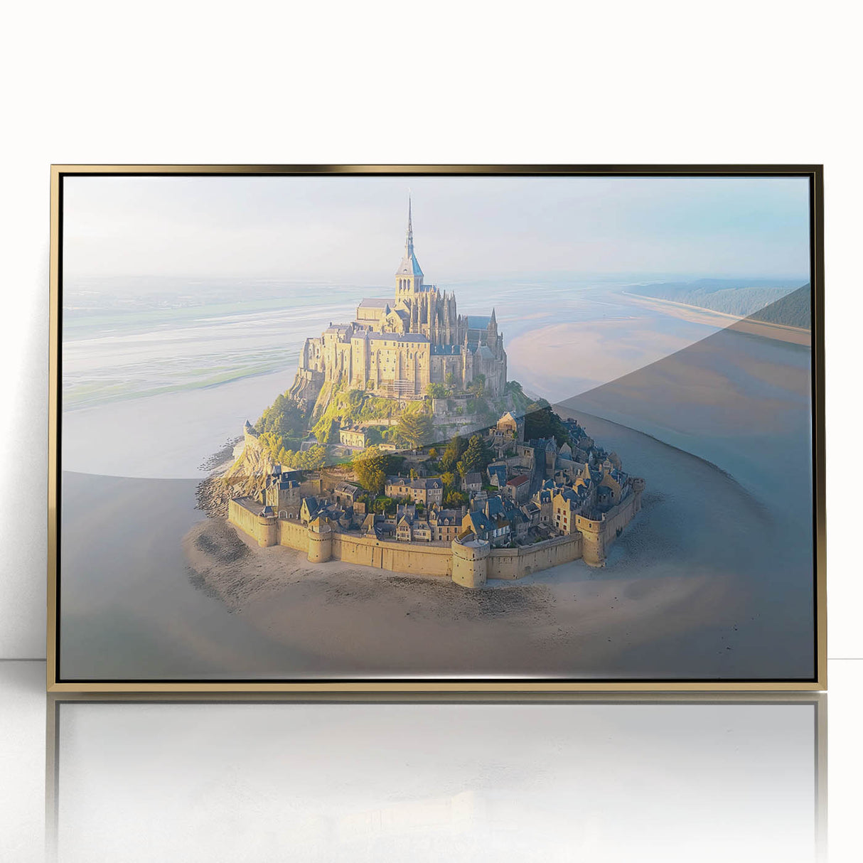 Framed acrylic wall art featuring a stunning landscape with a castle, adorned in a gold frame, perfect for enhancing home decor with elegance and charm.