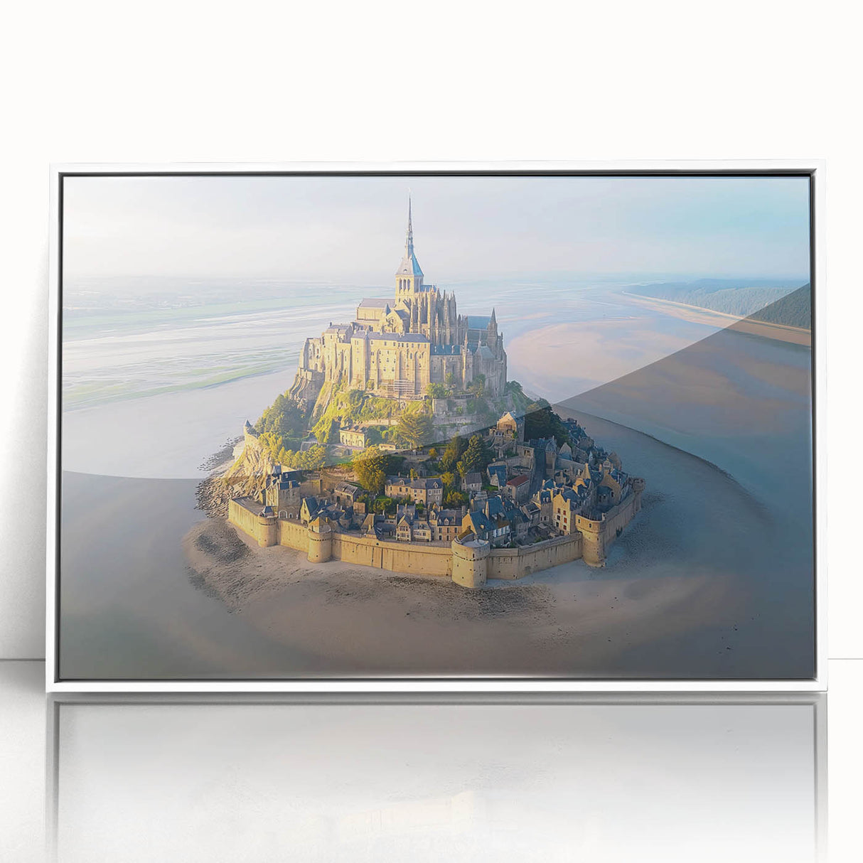 Framed acrylic wall art showcasing a picturesque landscape with a majestic castle, designed to enhance home decor. The artwork features vibrant colors and intricate details, perfect for adding elegance to any room.