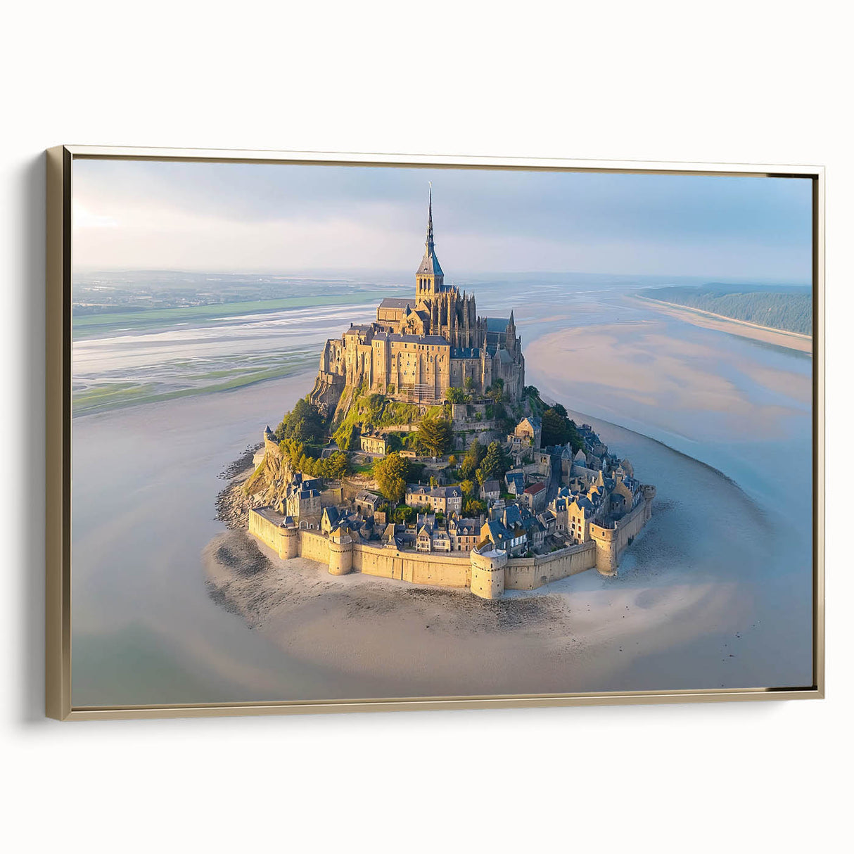 Framed canvas wall art showcasing a stunning landscape with a medieval castle, accented by a gold frame, ideal for enhancing home decor aesthetics.