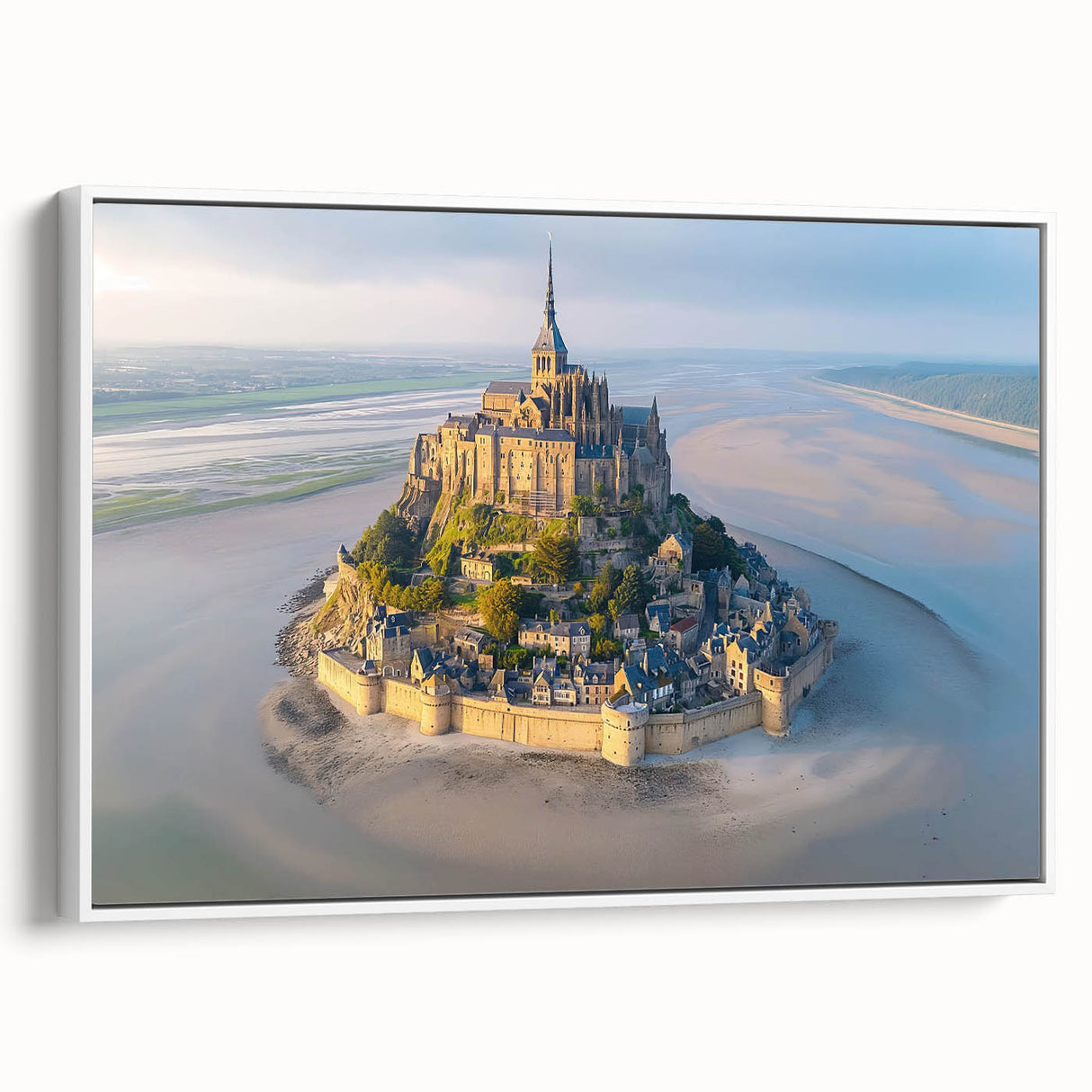 Framed canvas wall art depicting a scenic landscape with a medieval castle, featuring vibrant colors and intricate details, perfect for home decor enhancement.