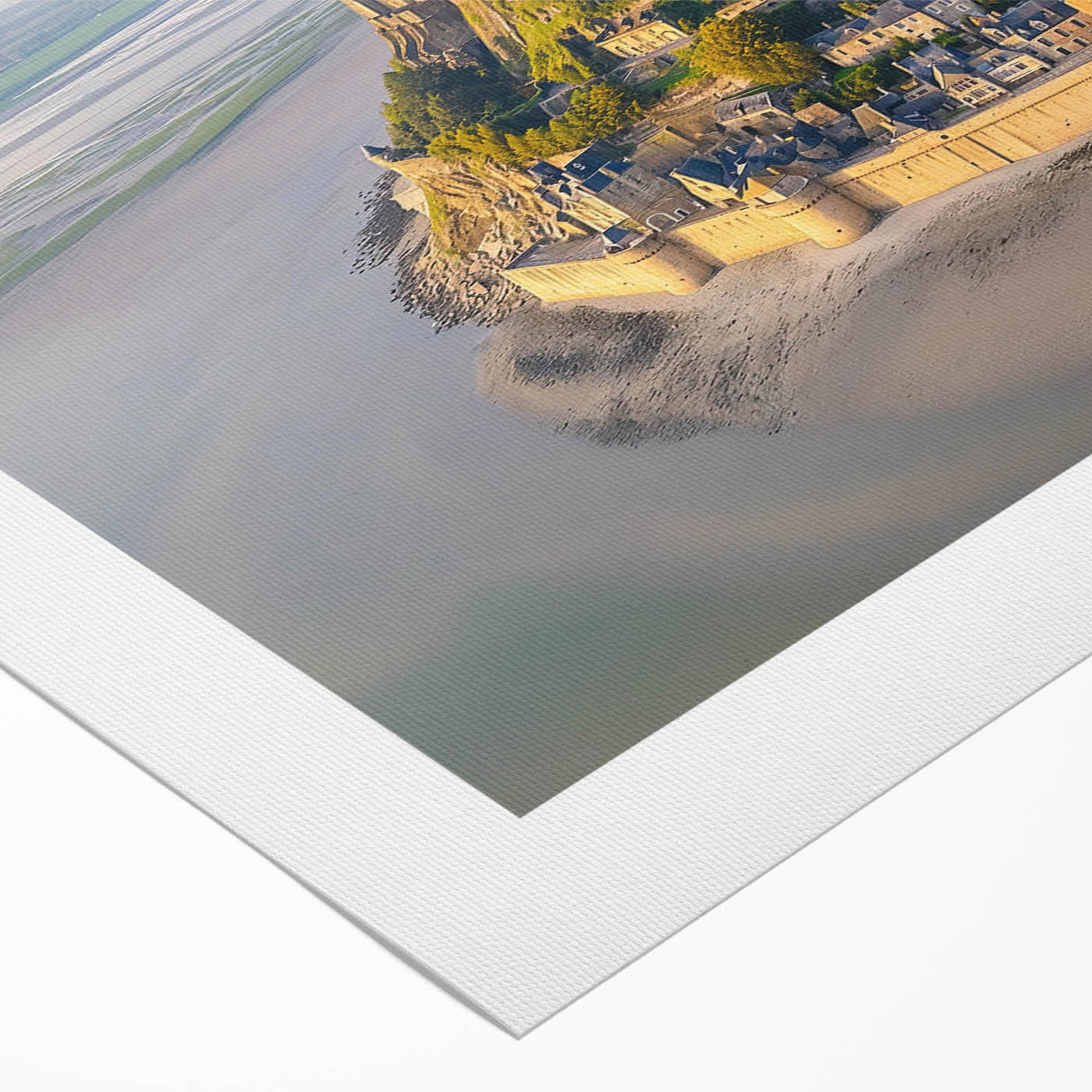 Rolled canvas print showcasing a vibrant landscape featuring a majestic castle surrounded by lush greenery and a clear blue sky, perfect for home decor.