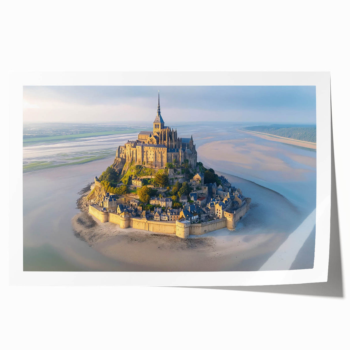 Rolled print showcasing a stunning landscape of a medieval castle surrounded by lush greenery, perfect for home décor or art collection, emphasizing vibrant colors and intricate details.