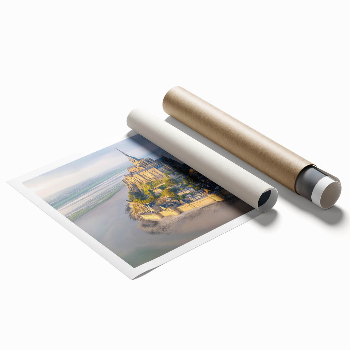 Colorful rolled print showcasing a stunning castle landscape design, ideal for home decor, featuring intricate details and vibrant hues, elegantly packaged in a protective tube.