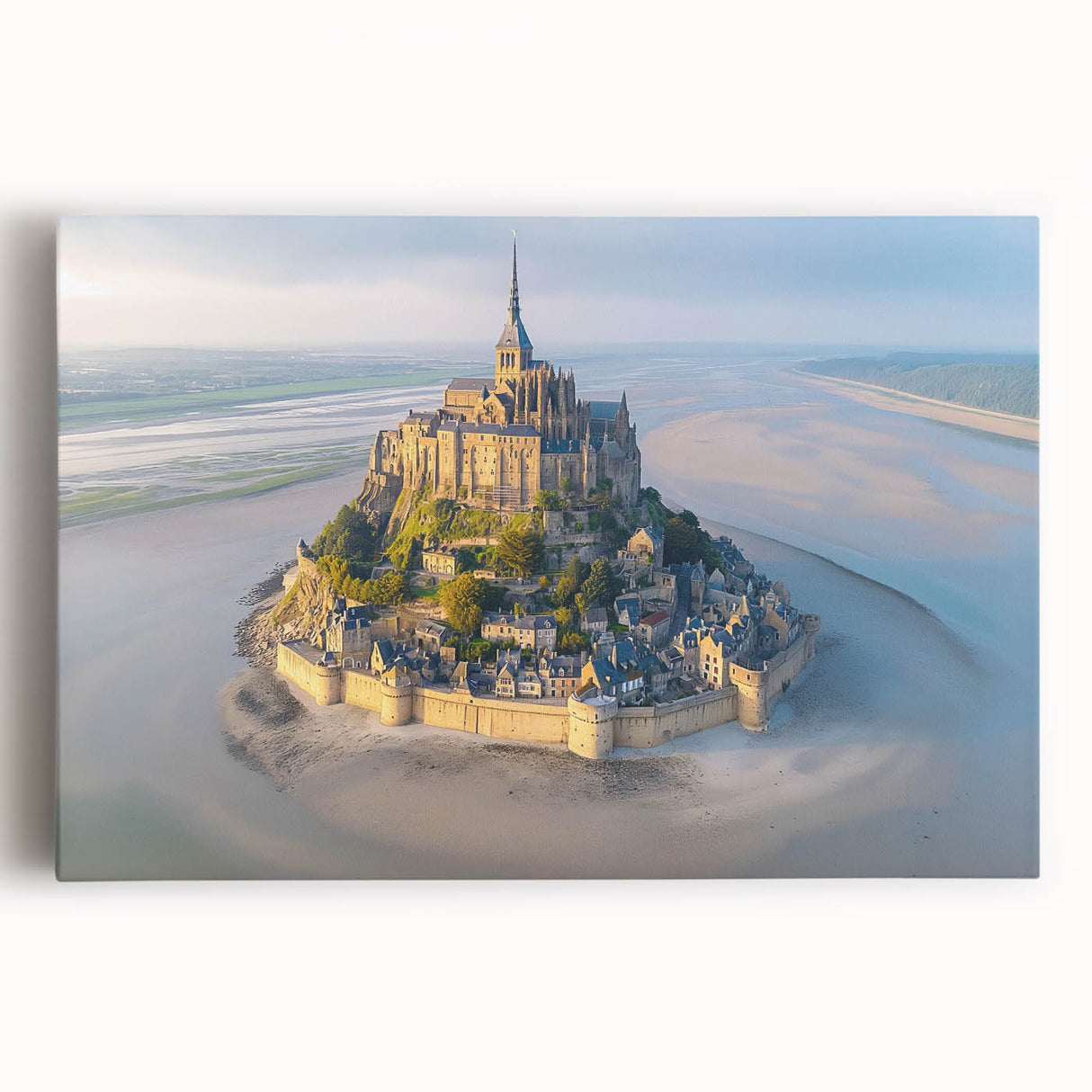 Stretched canvas wall art featuring a stunning landscape of a medieval castle surrounded by lush greenery, perfect for enhancing home decor with a touch of elegance.