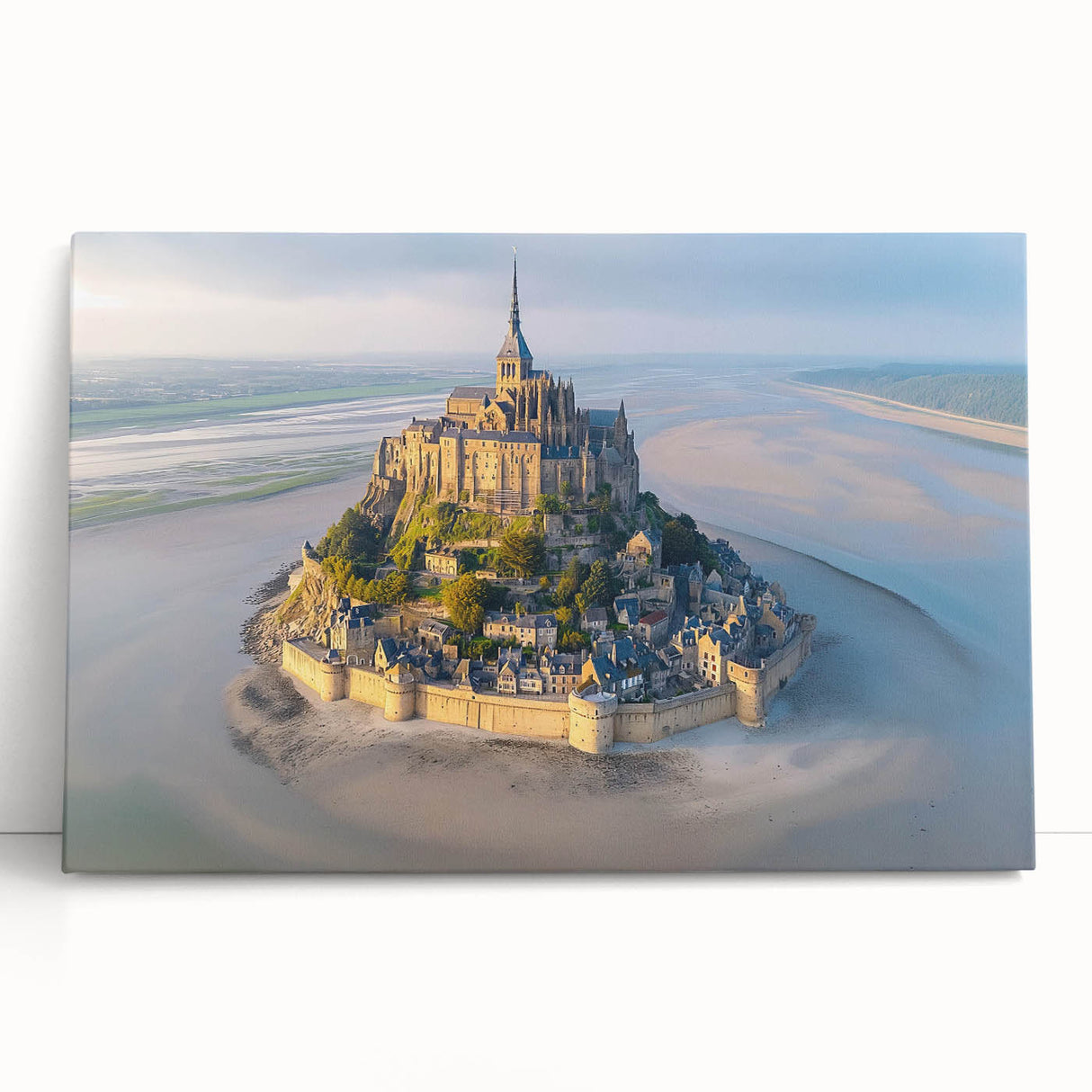 Stretched canvas wall art showcasing a picturesque landscape with a majestic castle, ideal for home decor, featuring vibrant colors and intricate details. Perfect for enhancing living spaces and creating an elegant ambiance.
