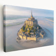 Stretched canvas wall art showcasing a vibrant landscape with a majestic castle, framed in a side view to highlight intricate details and colors, perfect for home decor.