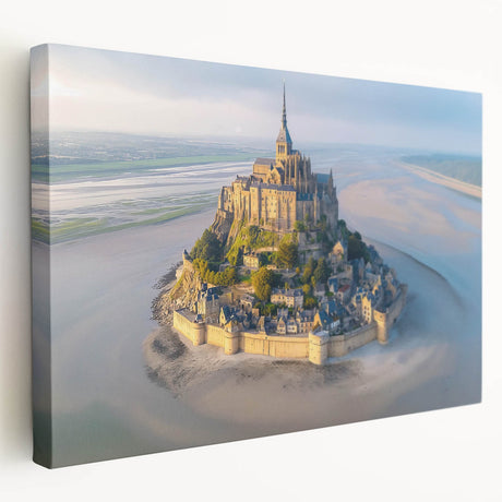 Stretched canvas wall art showcasing a vibrant landscape with a majestic castle, framed in a side view to highlight intricate details and colors, perfect for home decor.