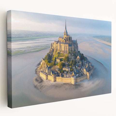 Stretched canvas wall art showcasing a vibrant landscape with a majestic castle, framed in a side view to highlight intricate details and colors, perfect for home decor.