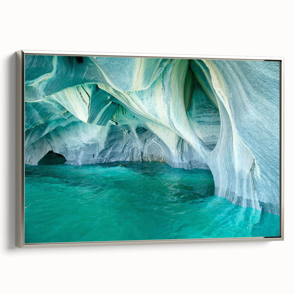 Framed canvas wall art showcasing a stunning landscape design with cave elements, featuring a silver frame, ideal for modern home decor and art enthusiasts.
