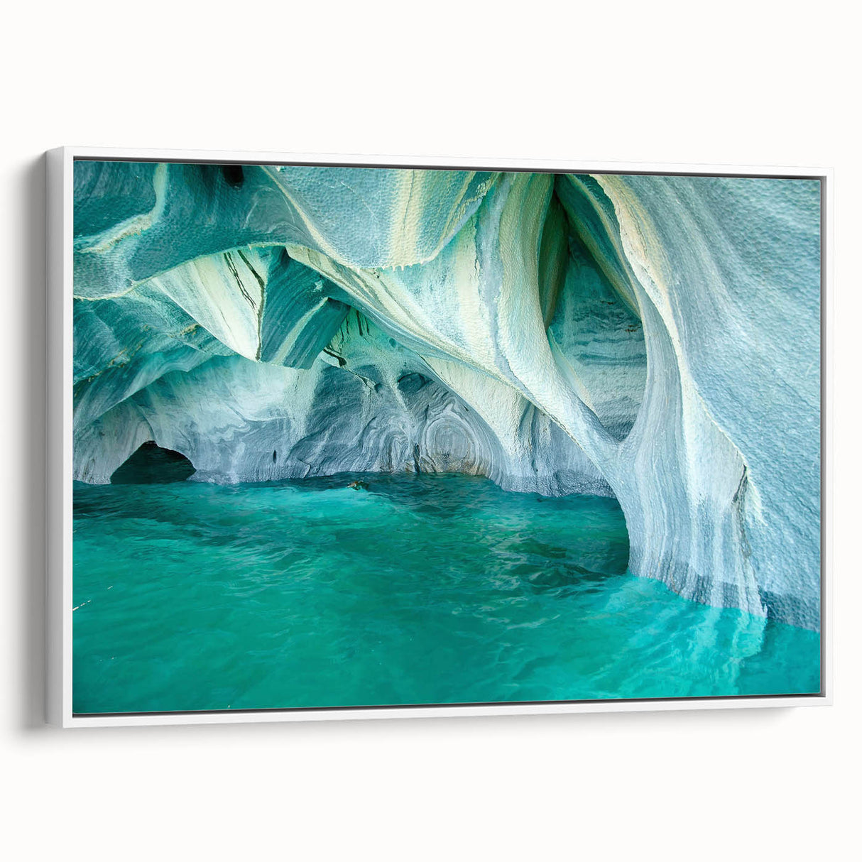 Framed canvas wall art featuring a scenic cave landscape design, presented from a side view with a white frame, perfect for home decor enhancement.