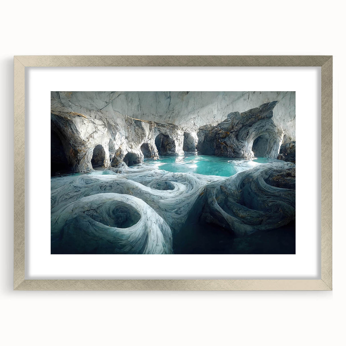 Framed wall art showcasing a stunning cave landscape design with a silver mat, perfect for enhancing home décor and adding a touch of elegance to any room.