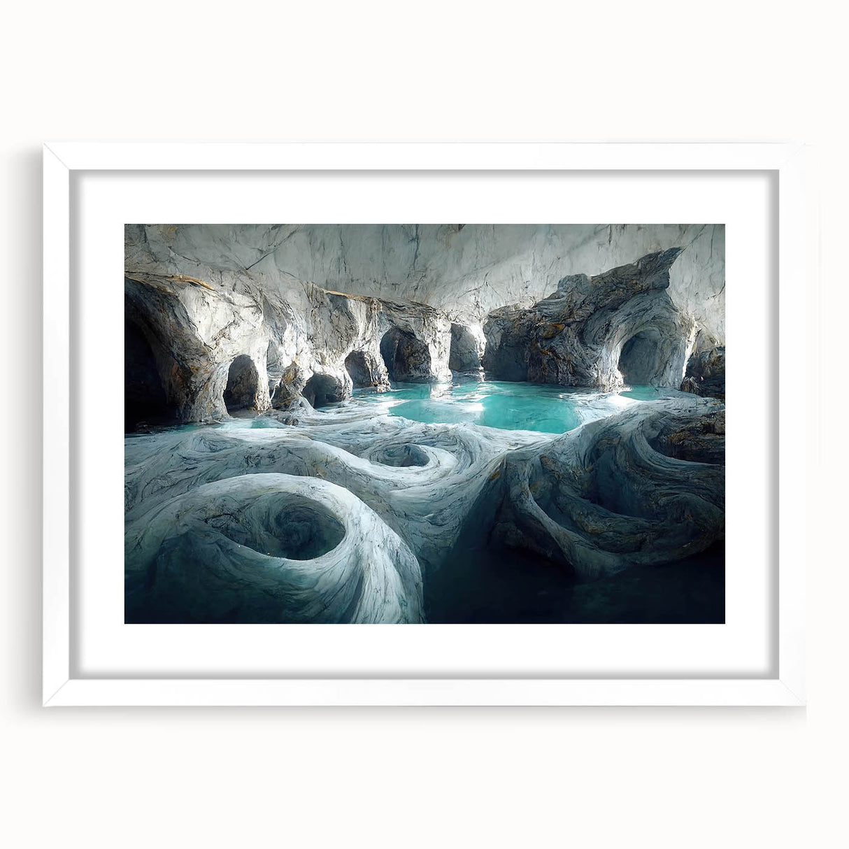 Framed wall art featuring a serene landscape design with cave motifs, presented in a white mat and frame, ideal for modern home decor and enhancing interior aesthetics.