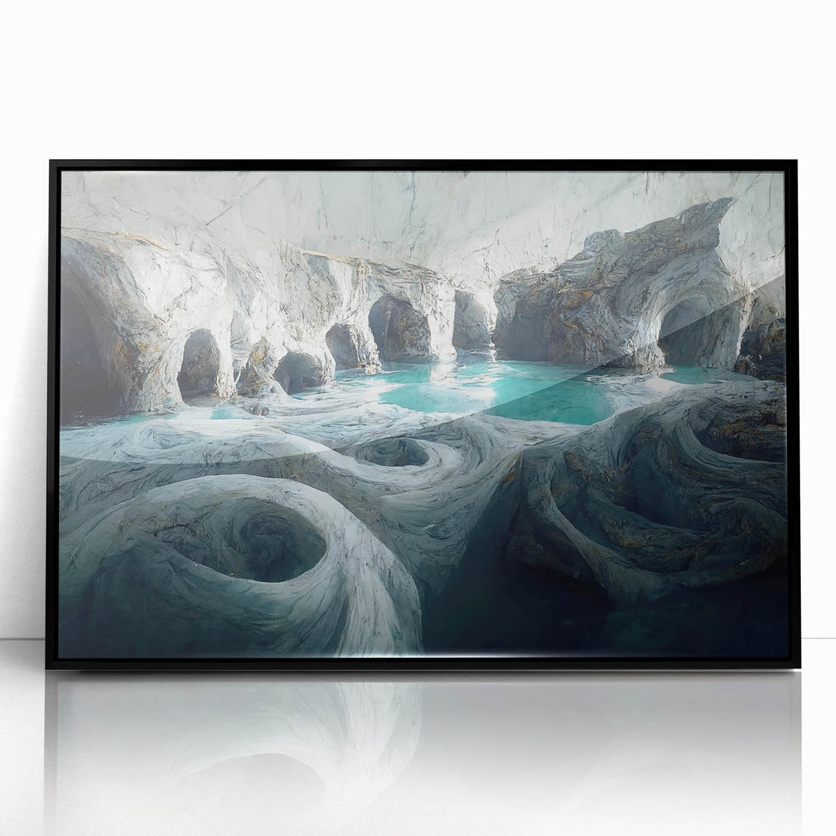 Framed acrylic wall art showcasing a stunning cave landscape design, featuring vibrant colors and intricate details, ideal for home decor and modern interiors.