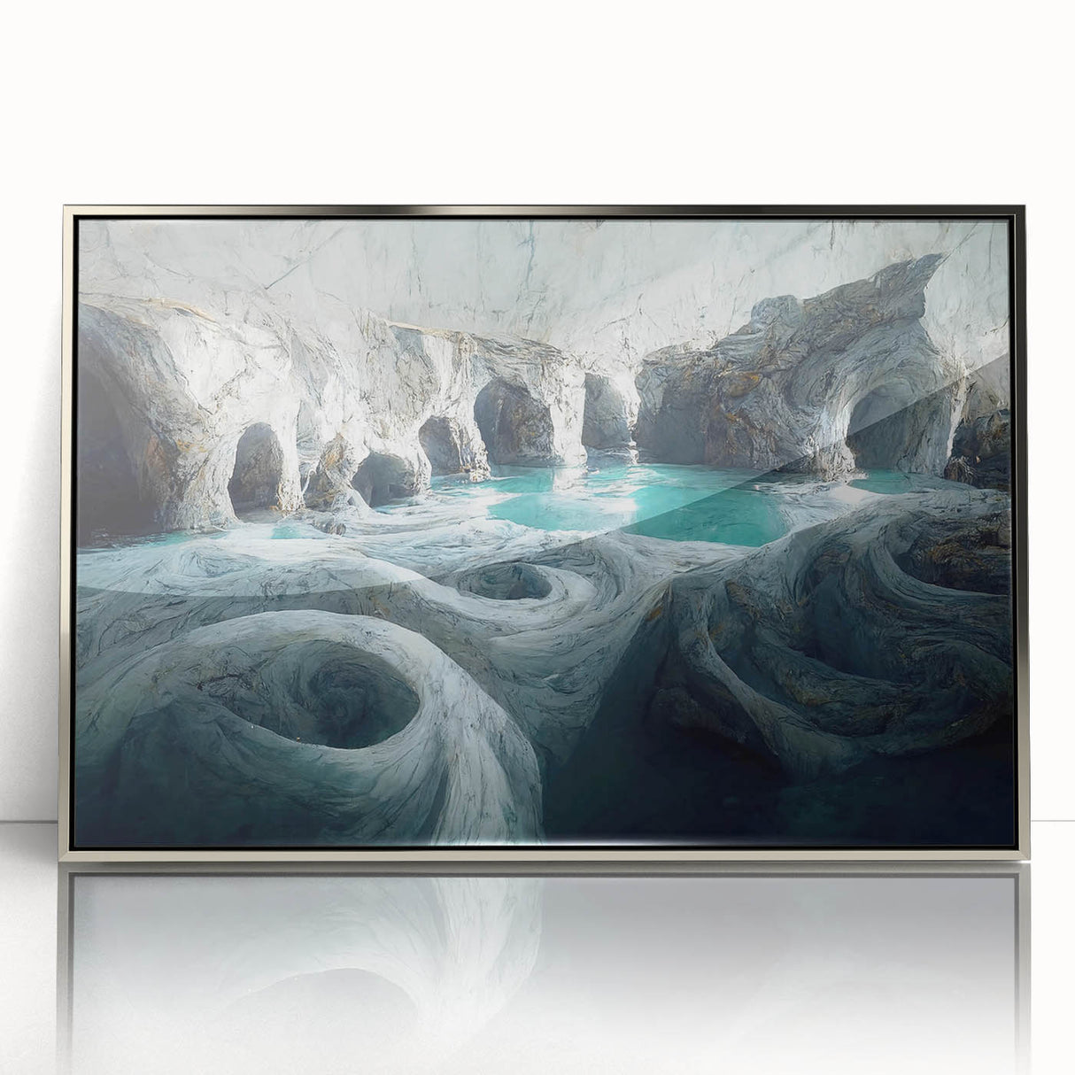 Framed acrylic wall art showcasing a stunning cave landscape design in silver tones, perfect for modern home decor. Ideal for adding elegance to any room.