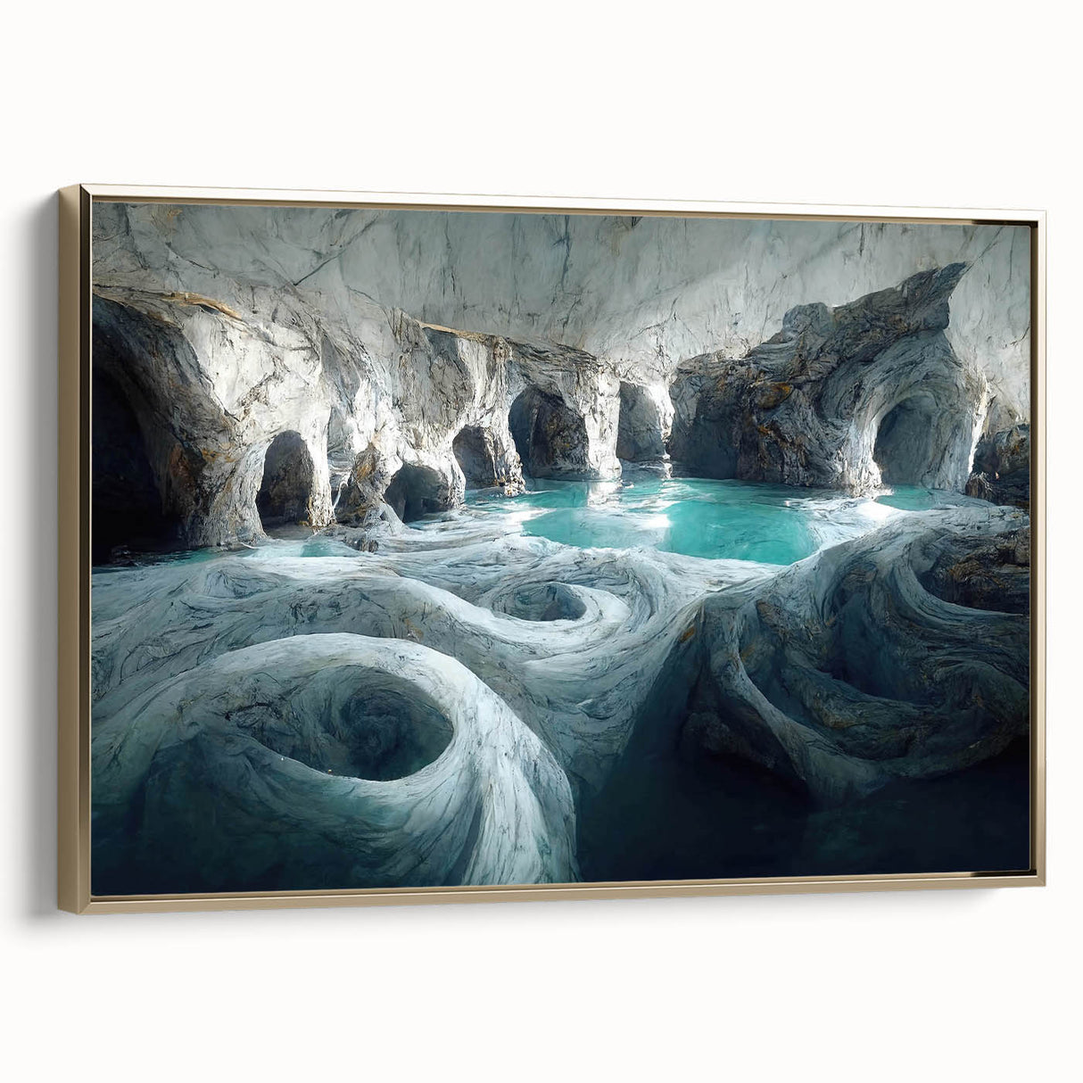 Framed canvas wall art showcasing a stunning landscape with caves, featuring a gold frame and side view, perfect for enhancing modern interior decor.
