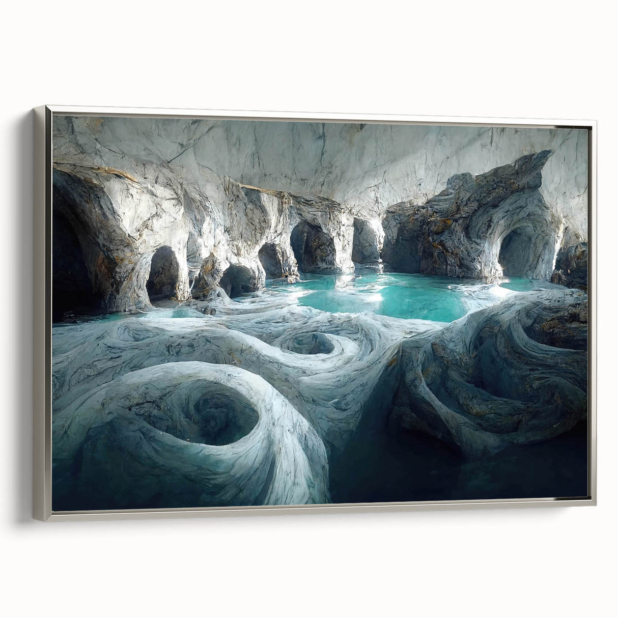 Framed canvas wall art featuring a serene landscape design of caves, with silver accents highlighting the edges. Ideal for modern home decor to enhance aesthetics.