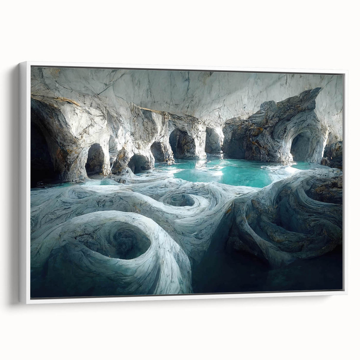 Framed canvas wall art showcasing a serene cave landscape in muted tones, displayed from a side view with a sleek white frame, ideal for modern decor.