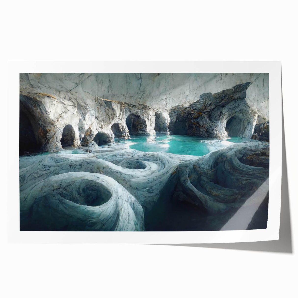 Rolled print showcasing a vibrant landscape design with intricate cave motifs, featuring bold colors and textures, ideal for home decor or art collectors.