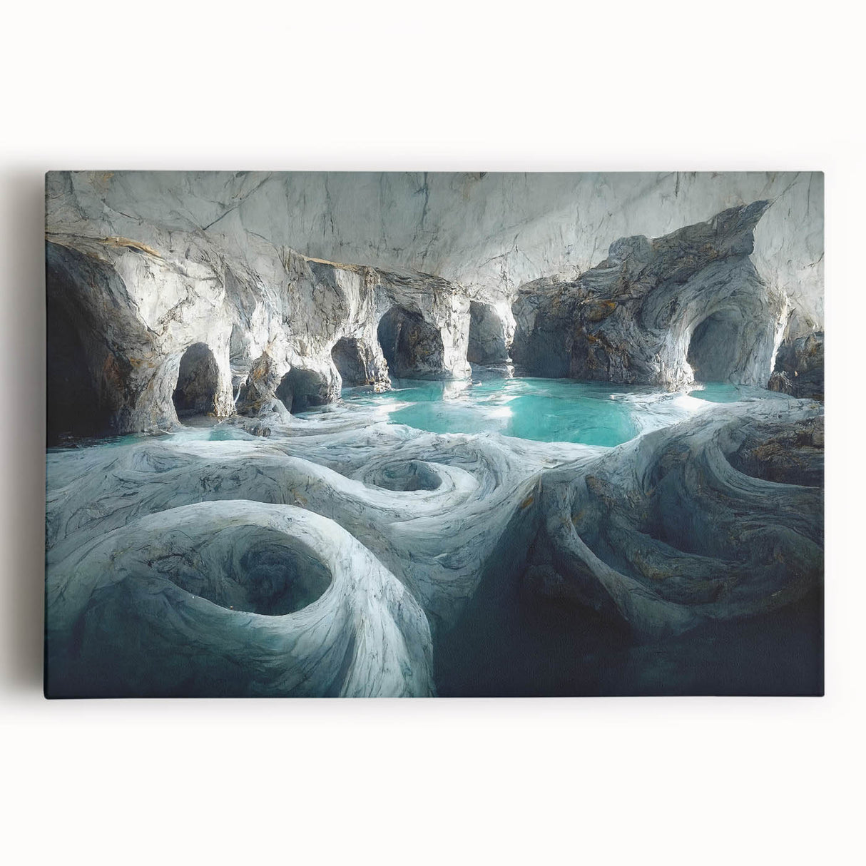 Stretched canvas wall art showcasing a vibrant landscape design with cave elements, featuring rich colors and intricate details, perfect for home decor enhancement.