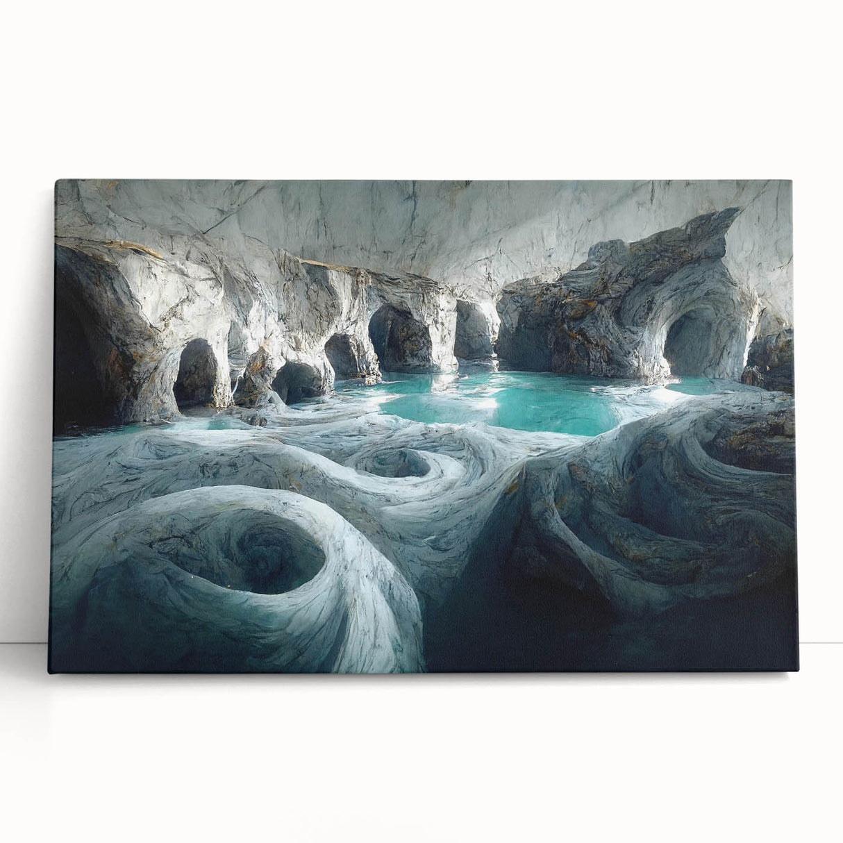 Stretched canvas wall art depicting a serene landscape with caves and vibrant colors, leaning against a neutral wall, perfect for home decor.
