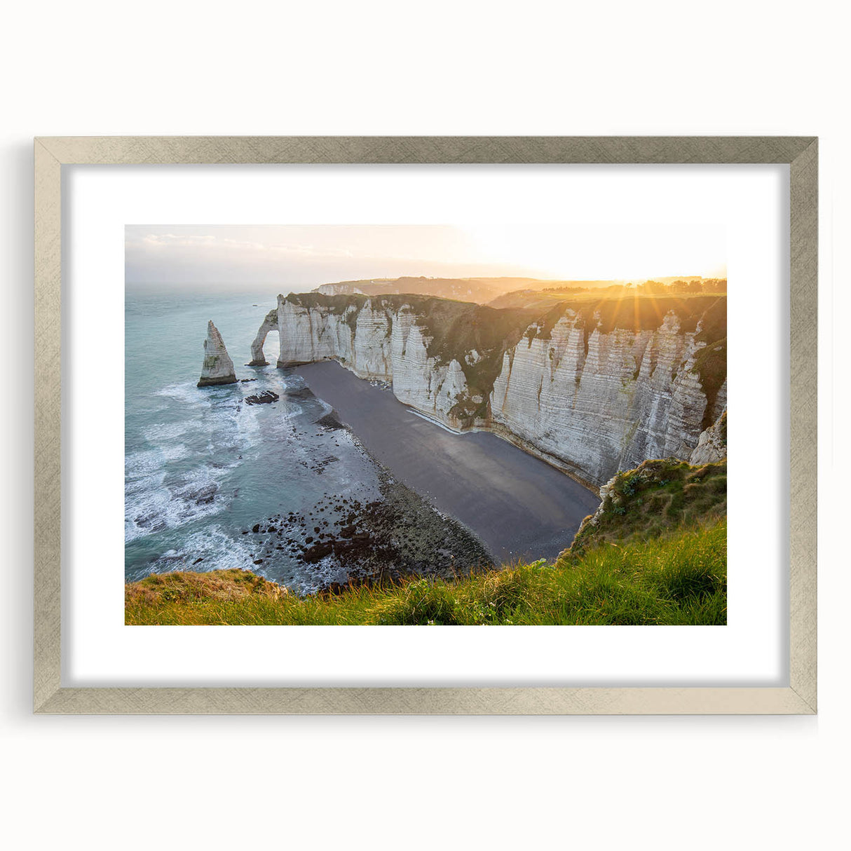 Framed landscape wall art showcasing cliffs in vibrant colors, with a silver mat and frame, perfect for home decor, adding elegance to any space.