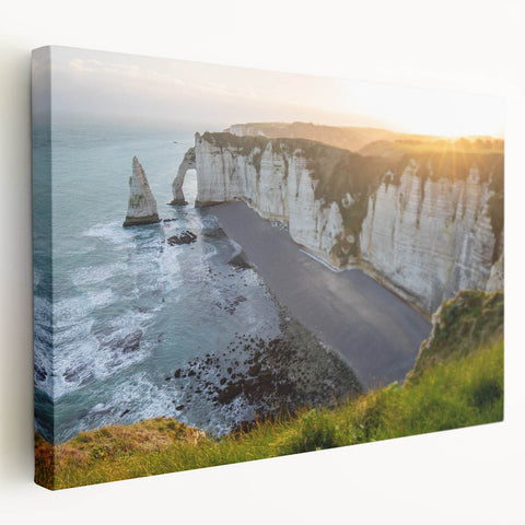 Stretched canvas wall art showcasing a breathtaking landscape of cliffs and vibrant skies, ideal for adding a touch of nature-inspired elegance to any space.