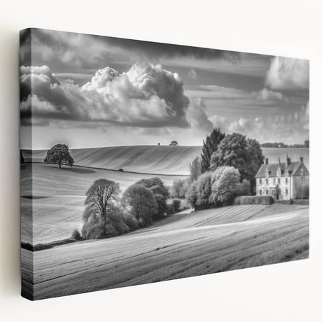 Stretched canvas artwork showcasing a serene countryside landscape with vibrant green fields and a clear blue sky, ideal for home decor and art lovers.