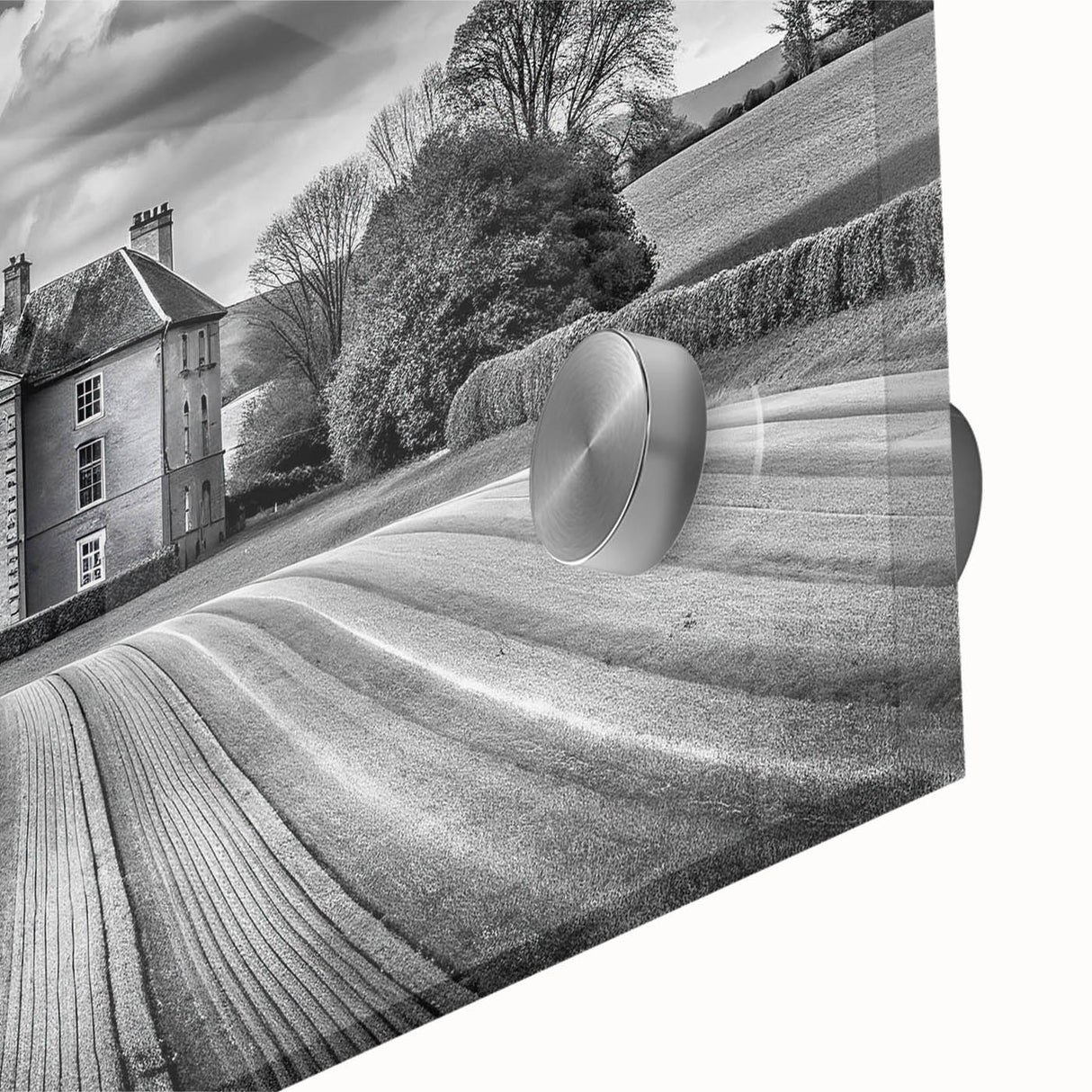 Close-up of a vibrant acrylic glass wall art piece showcasing a serene countryside landscape with lush greenery, rolling hills, and a clear blue sky, perfect for home decor.