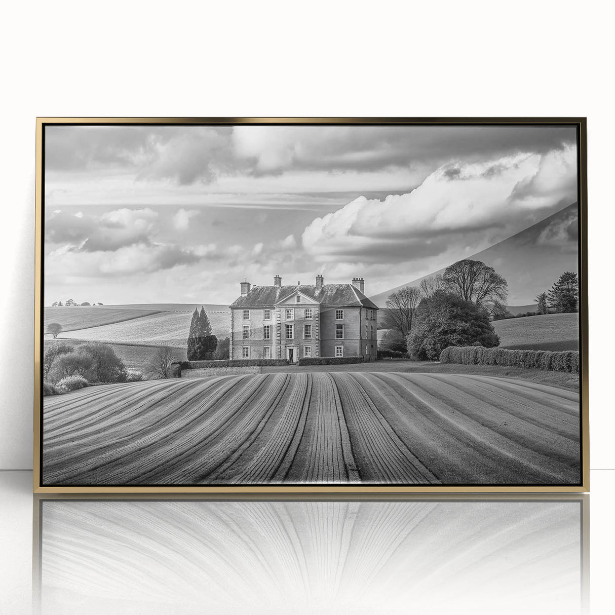 Framed acrylic artwork showcasing a serene countryside landscape design with vibrant colors, gold accents, and a modern aesthetic, ideal for enhancing home decor.