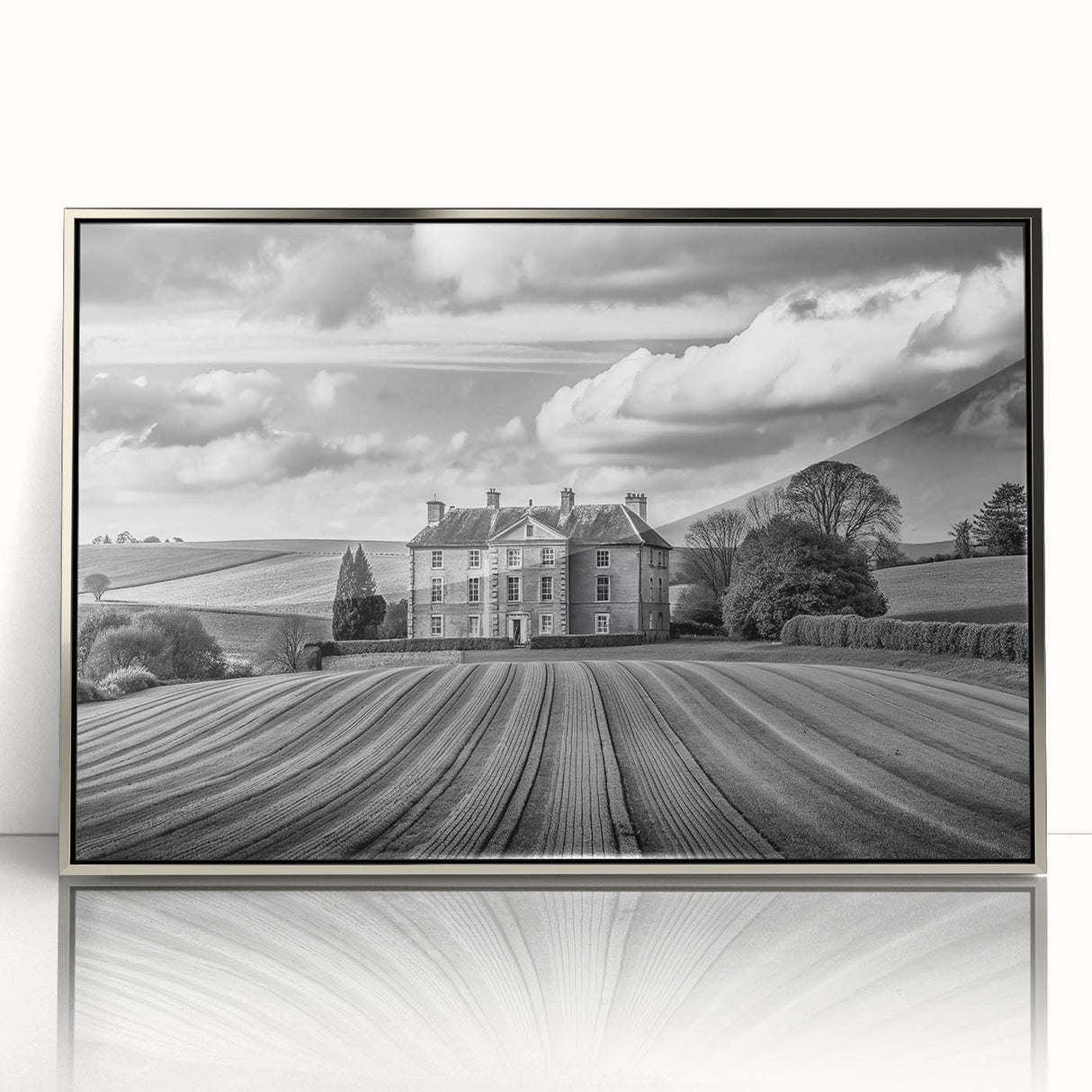 Framed acrylic wall art showcasing a serene countryside landscape with vibrant green fields and a bright blue sky, designed to enhance home decor with elegance.