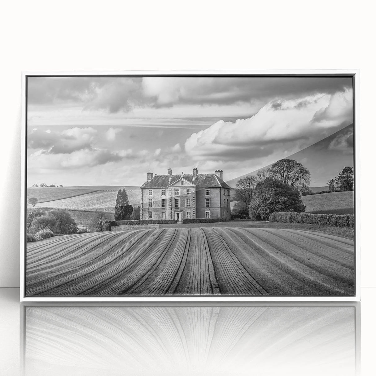 Framed wall art featuring a serene countryside landscape design with vibrant colors, set in a sleek white frame, perfect for home decor and enhancing interiors.