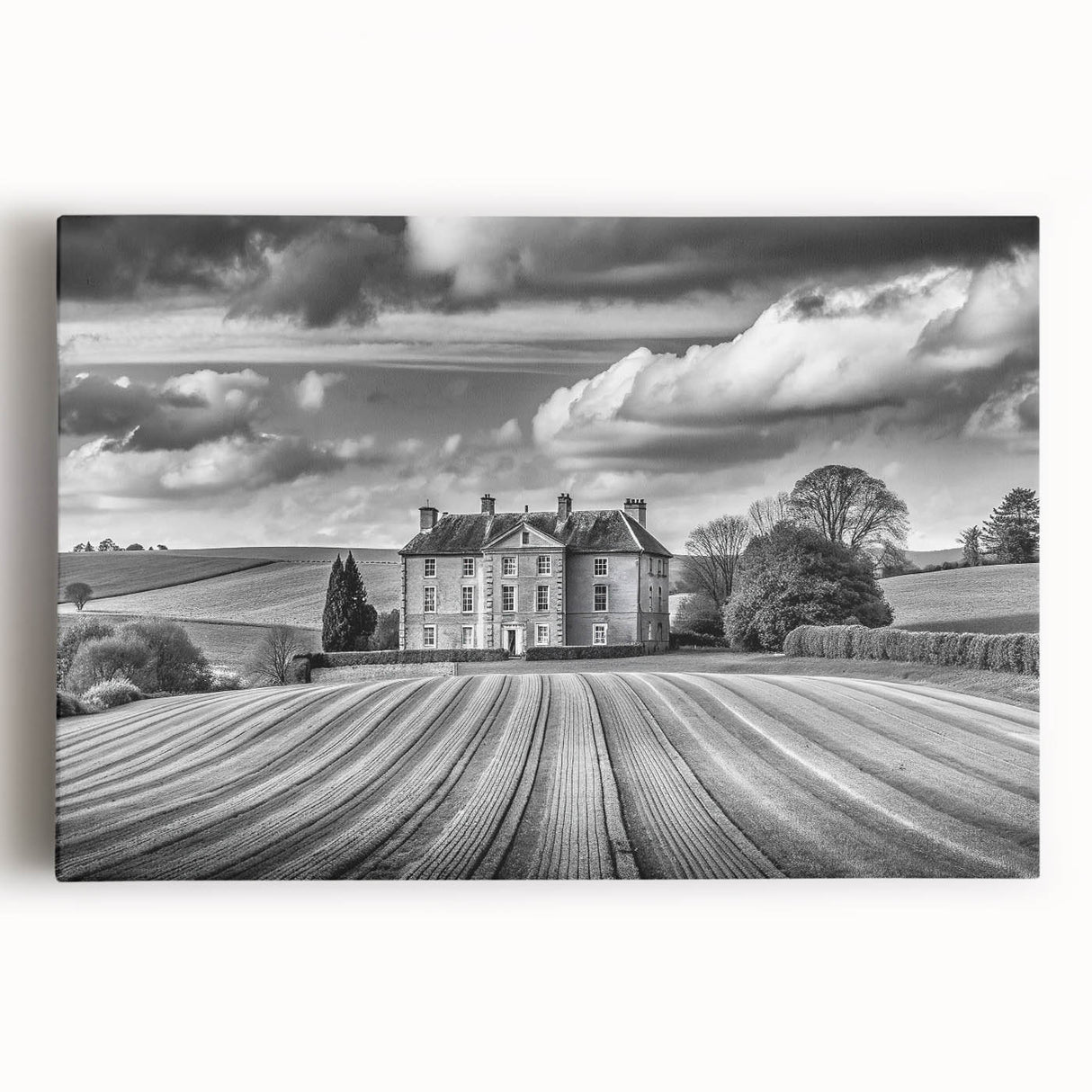 Stretched canvas wall art showcasing a serene countryside landscape with rolling hills and vibrant greenery, perfect for enhancing home decor and adding a touch of nature.