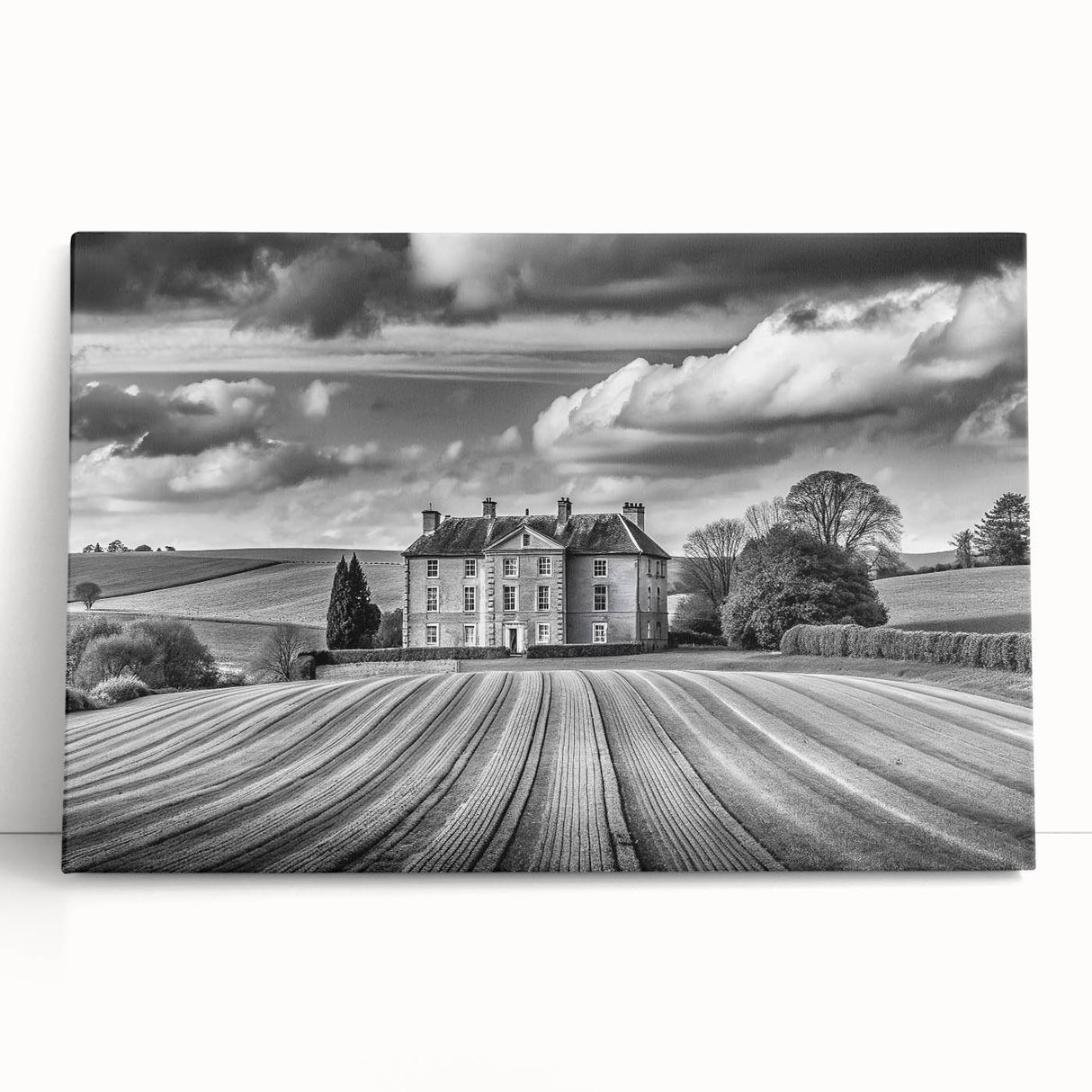 Stretched canvas wall art showcasing a picturesque countryside landscape, featuring vibrant greens and blues, ideal for home decor and enhancing interior aesthetics.