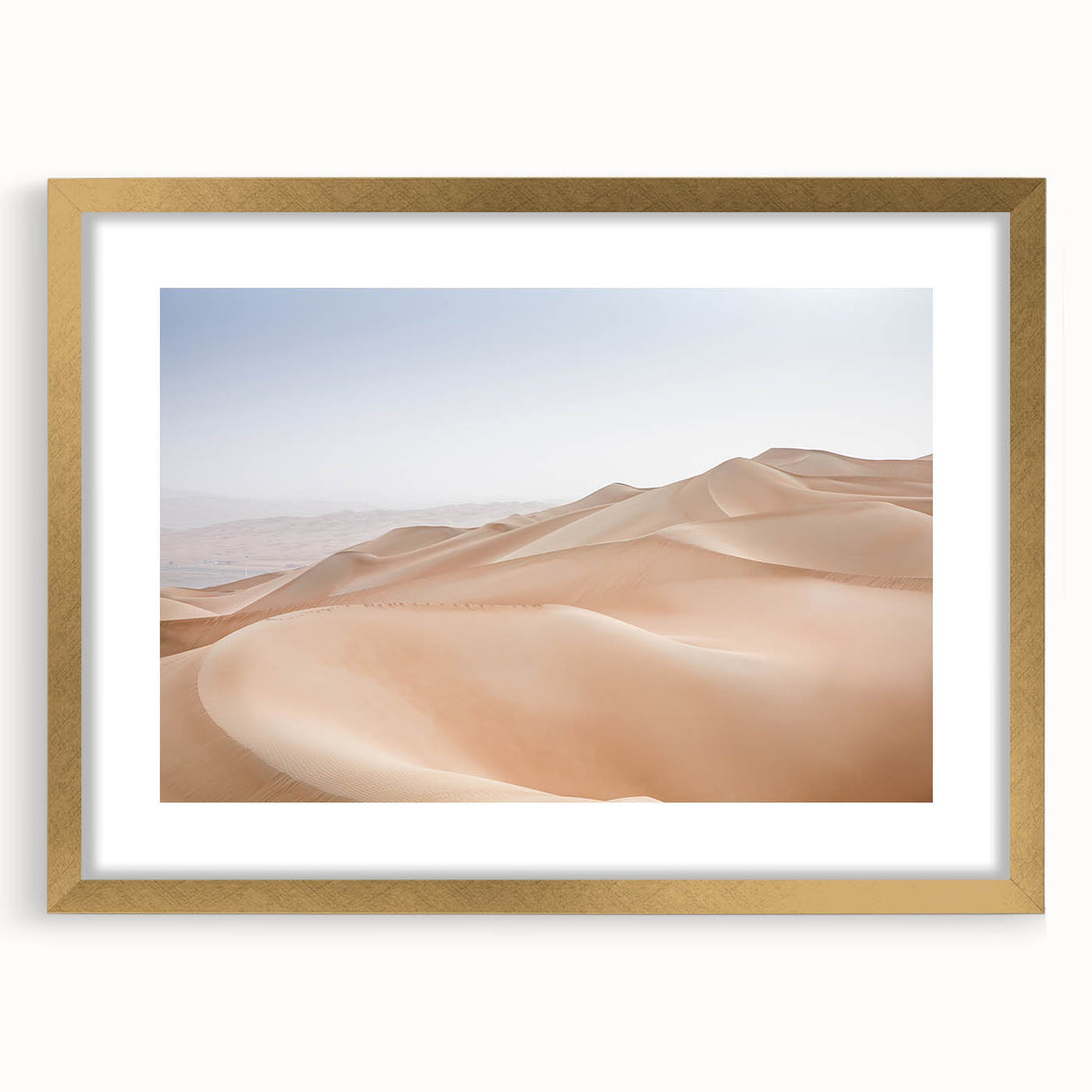 Framed desert landscape wall art collection showcasing vibrant hues of gold and earthy tones, elegantly matted for a sophisticated display. Perfect for modern home decor.