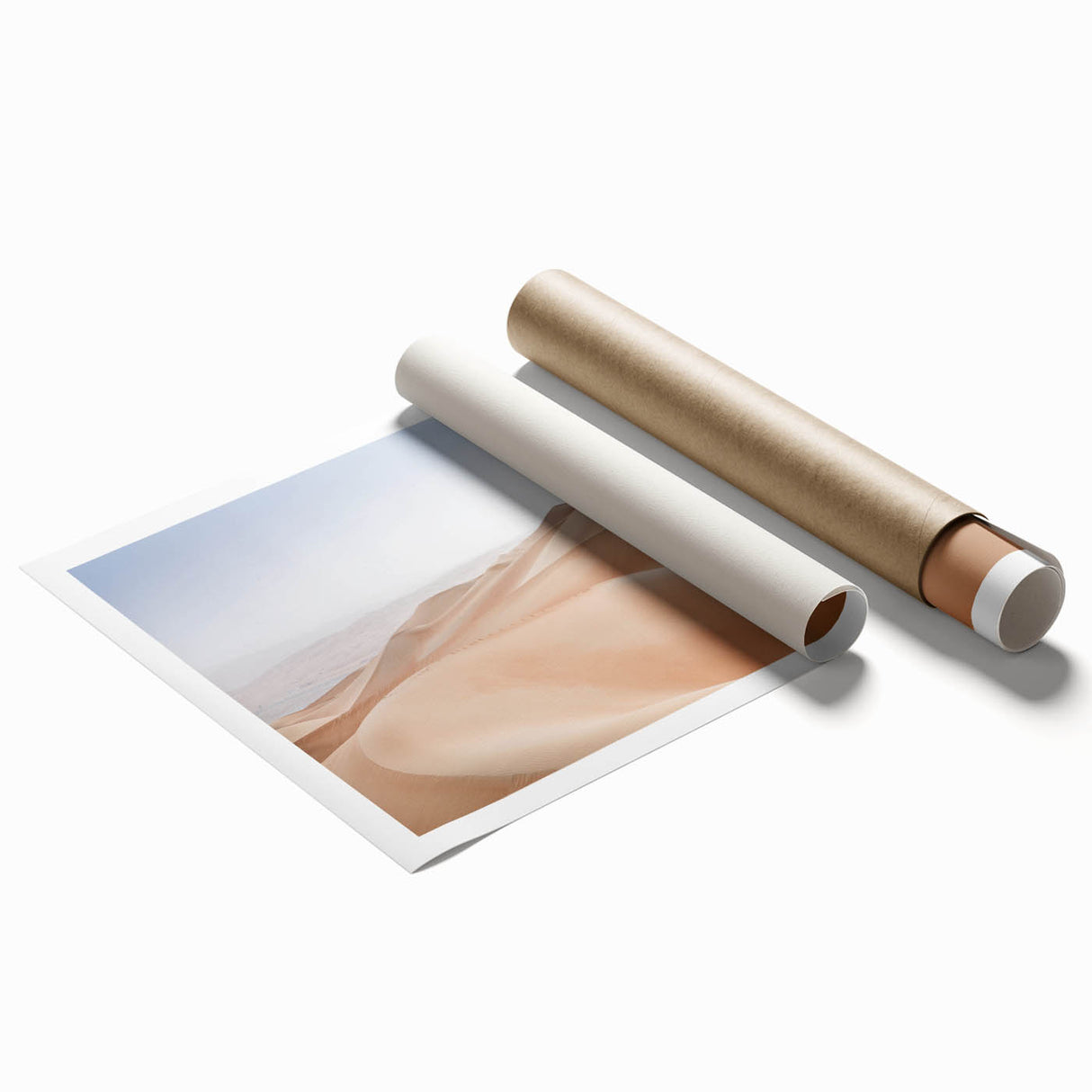 Vibrant desert landscape wall art print showcasing golden sand dunes under a bright blue sky, rolled and ready for framing, ideal for home decor enthusiasts.