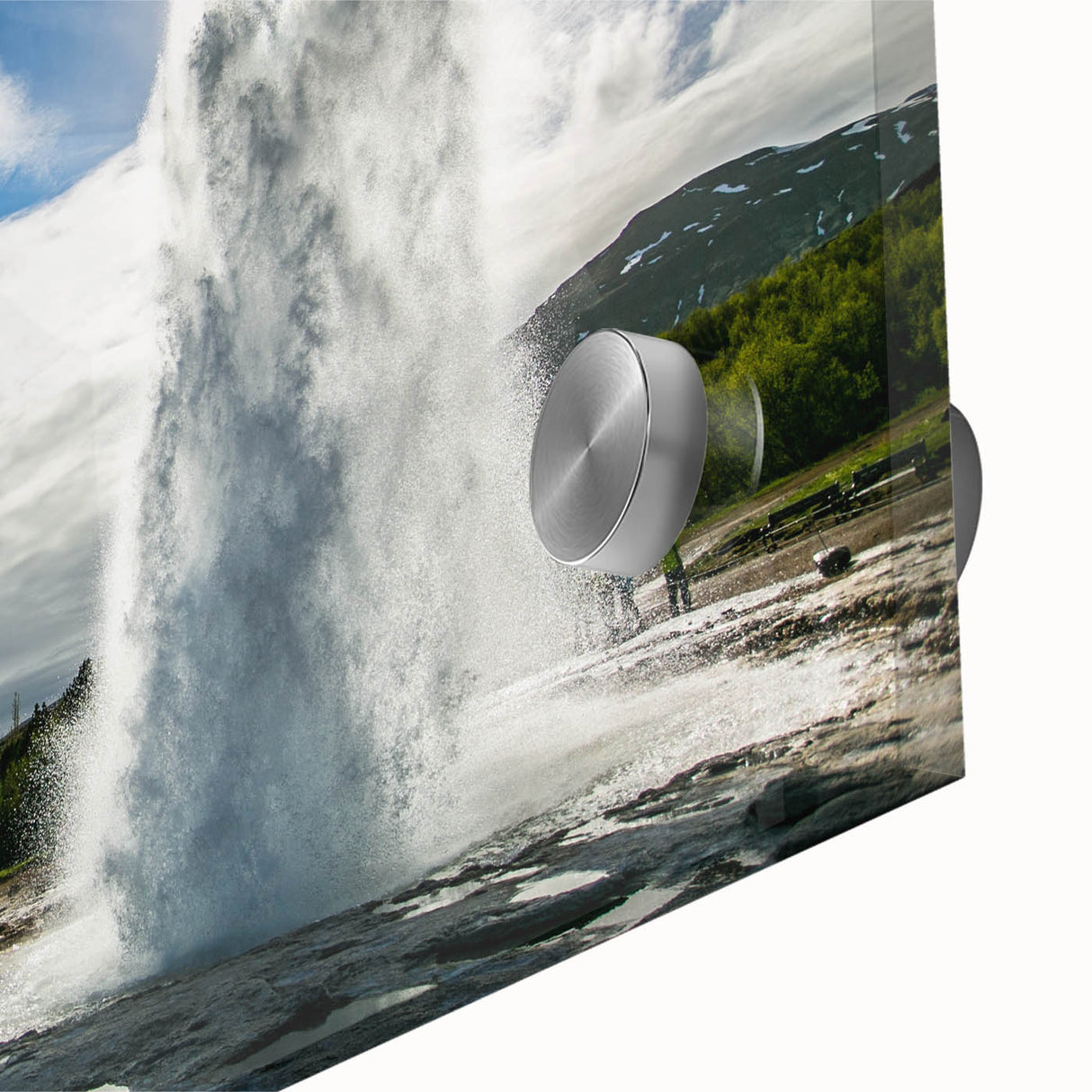 Close-up of a vibrant acrylic glass wall art piece showcasing a stunning geyser landscape design, featuring rich colors and intricate details, perfect for modern home decor.