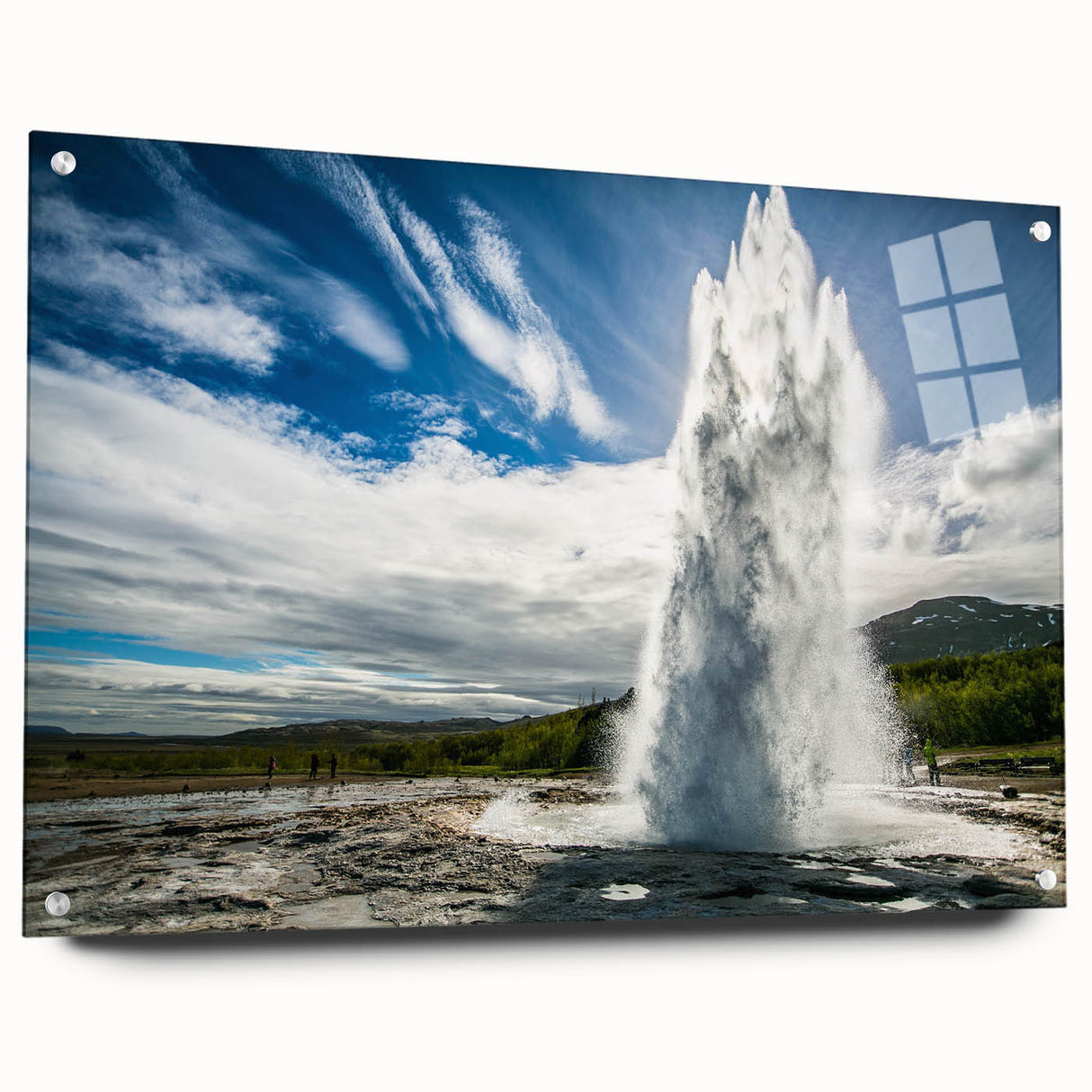 Acrylic wall art showcasing a vibrant geyser landscape design, displayed from the side with mounting pins, perfect for adding a colorful touch to modern interiors.