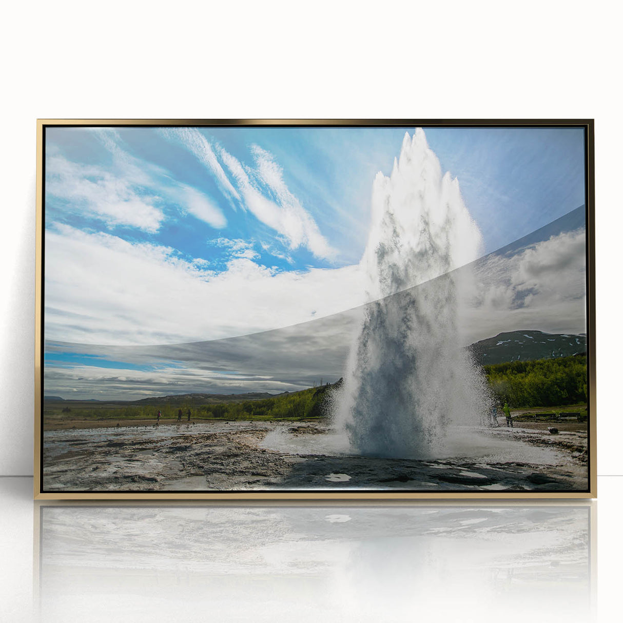 Framed acrylic wall art featuring a vibrant geyser landscape design in gold tones, showcasing intricate details and a modern aesthetic, perfect for home decor.