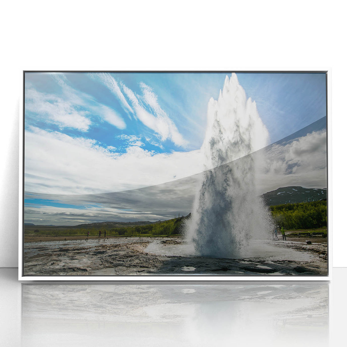 Framed acrylic wall art featuring a vibrant geyser landscape design with intricate details, set in a sleek white frame, perfect for modern home decor.