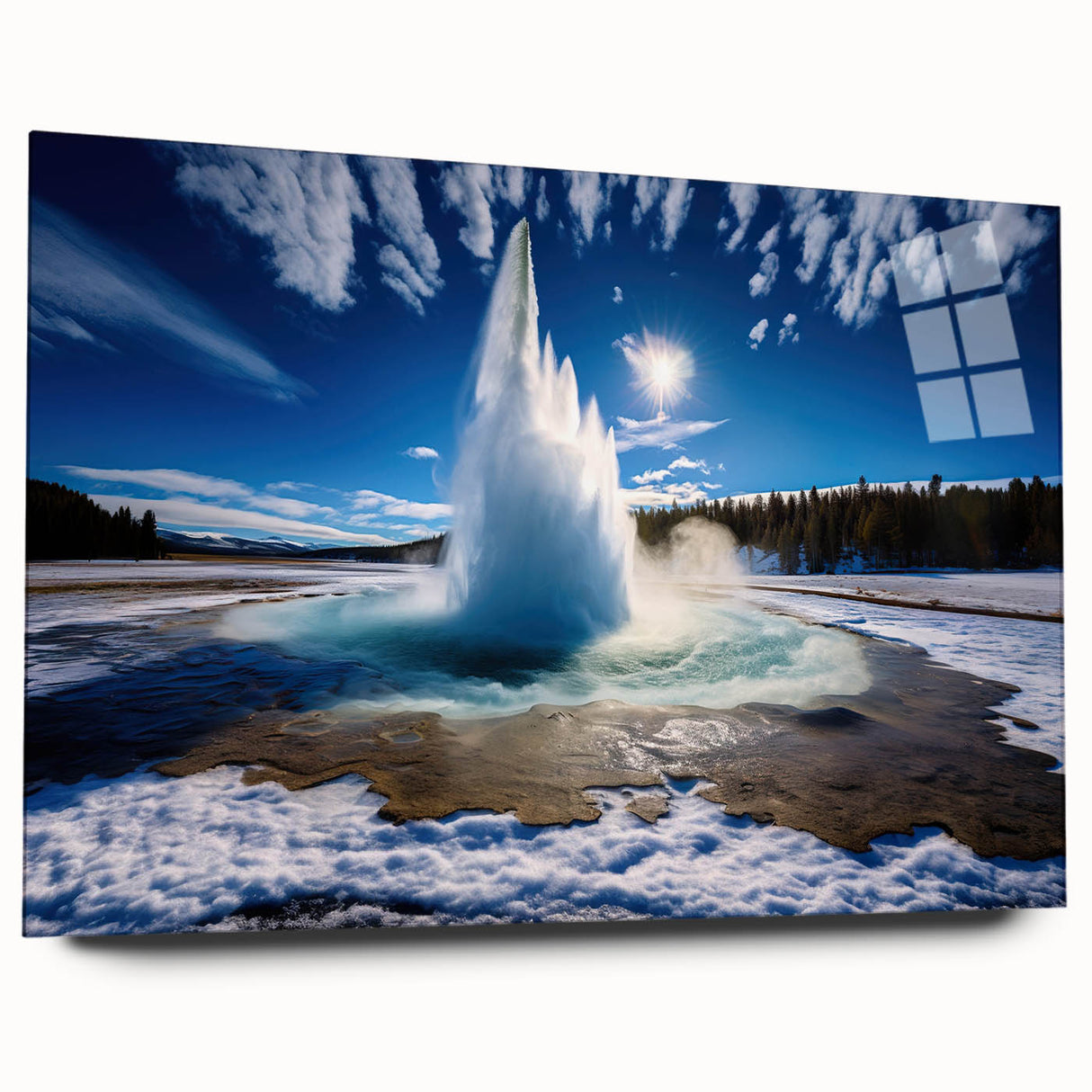Vibrant acrylic glass wall art featuring a stunning geyser landscape design, showcasing intricate colors and details. Ideal for contemporary home decor.
