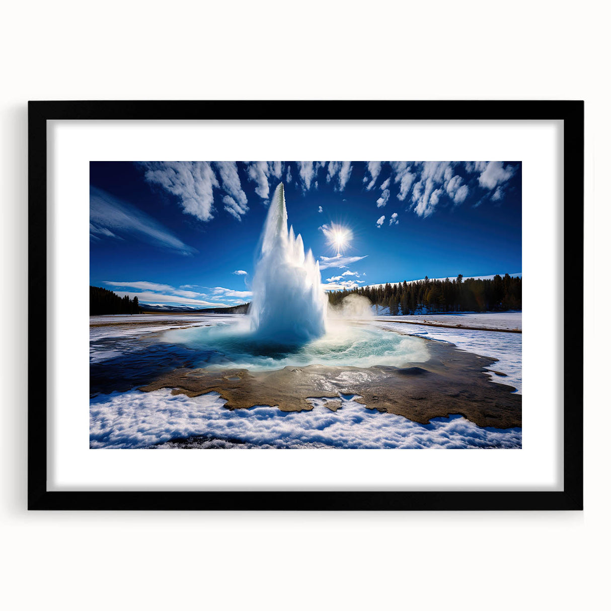 Framed wall art collection featuring a stunning geyser landscape design, set in a sleek black frame with a mat, ideal for modern home decor.